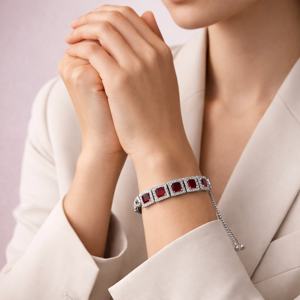 Silver Plated Stone Adjustable Bracelet For Women | Square Crystal Link Bracelet With Sliding Clasp | Elegant P : AST-BRA-0012