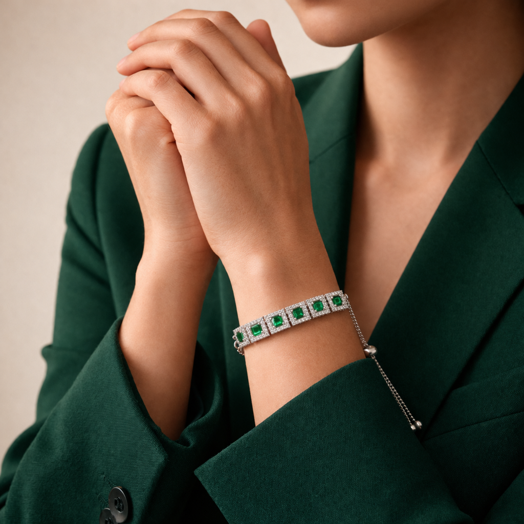 Silver Plated Stone Adjustable Bracelet For Women | Square Crystal Link Bracelet With Sliding Clasp | Elegant P : AST-BRA-0014