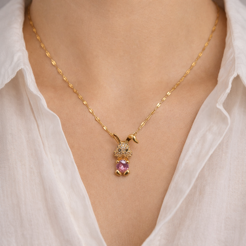 Bunny Charm Necklace – Gold Plated Pendant With Pink Gemstone & Crystal Accents For Women & Girls Waterproof Ch : AST-NEK-0013