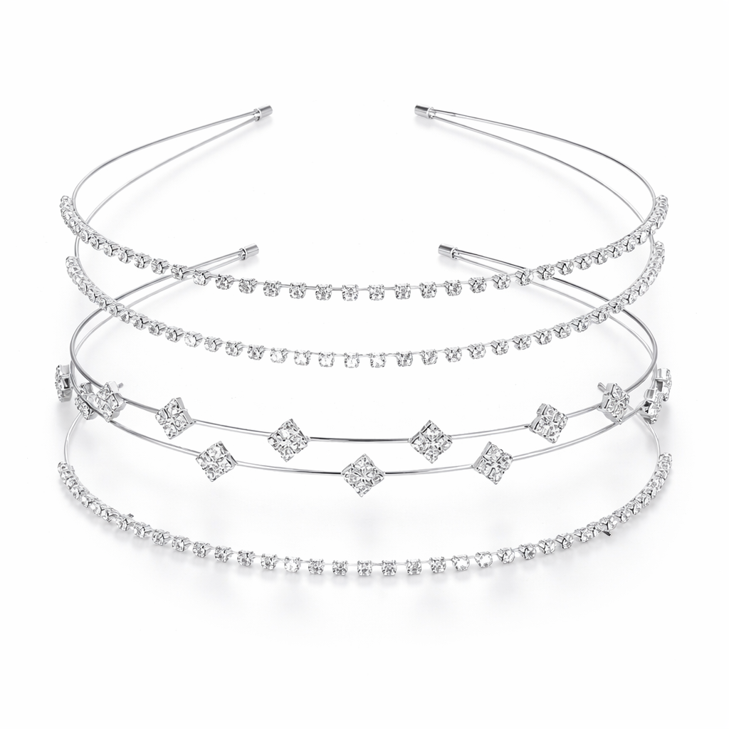 Set Of 3 Silver Crystal Bridal Headbands For Women Rhinestone Wedding Tiara Hair Bands Elegant Party Wear Multi L : M4SK-SET-3