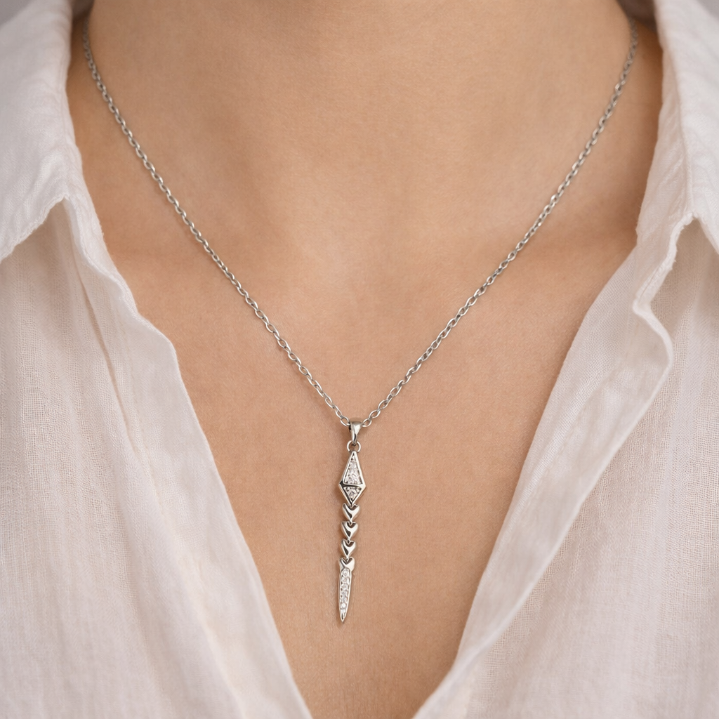 Silver-Plated Arrow Pendant Necklace – Minimal Geometric Cz Necklace For Women : AST-NEK-0029