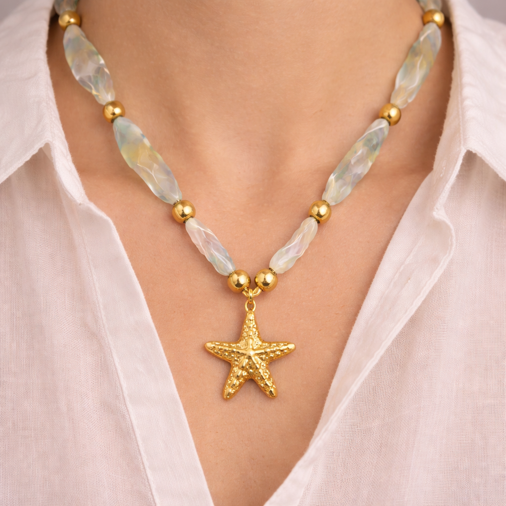 Gold-Plated Starfish Pendant Bead Necklace – Elegant Summer Necklace For Women : AST-NEK-0038