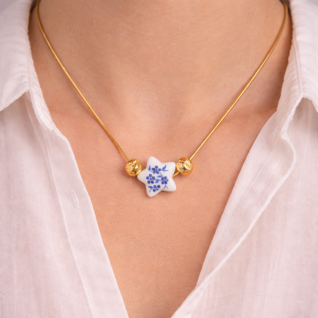 Blue Floral Star Pendant Necklace – Gold Tone Ceramic Bead Necklace For Women : AST-NEK-0037