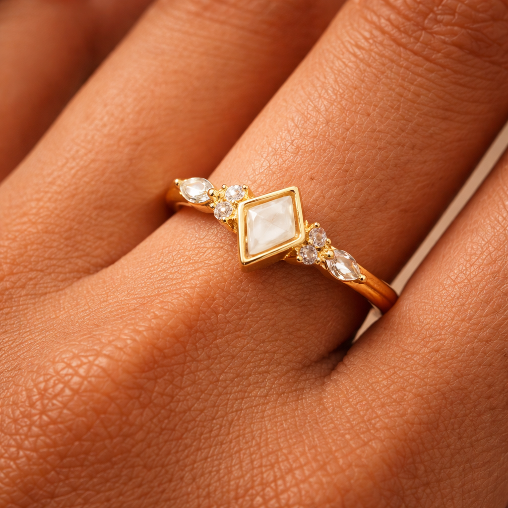 Gold-Plated Geometric Ring For Women – Mother Of Pearl -Shape Stone With Crystal Accents | Adjustable Elegant F : AST-RIN-0071