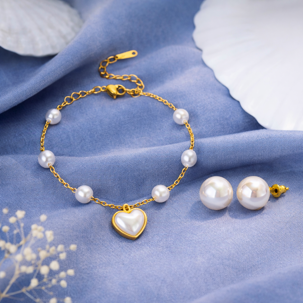 18K Gold Plated Pearl Heart Bracelet And Stud Earrings Set For Women : SSJS22