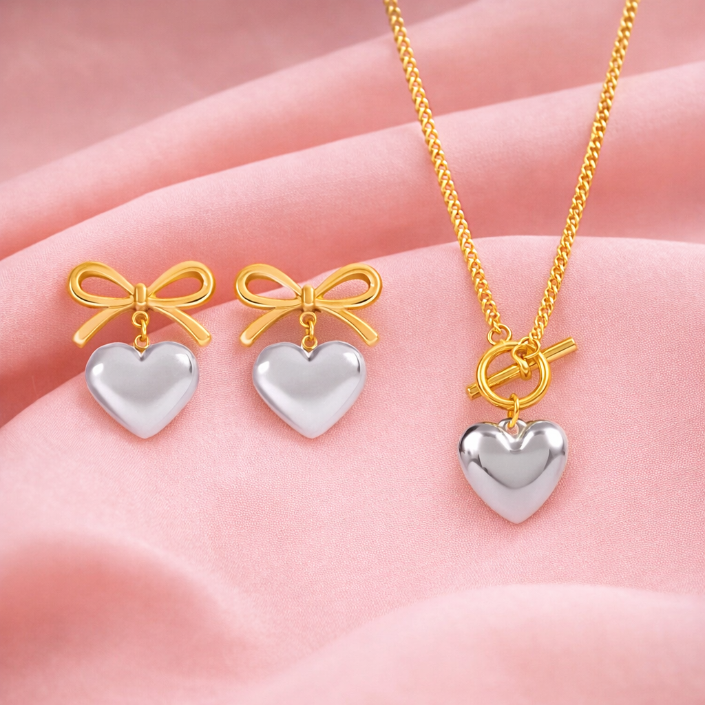 18K Gold Plated Multi Tone Heart Pendant Necklace And Bow Heart Earrings Set For Women : SSJS24