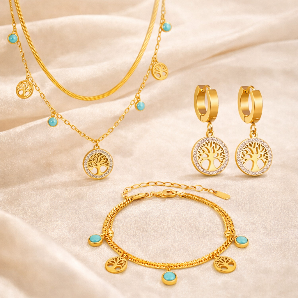 18K Gold Plated Multi-Layer Tree Of Life Necklace, Bracelet And Earrings Set For Women : SSJS37