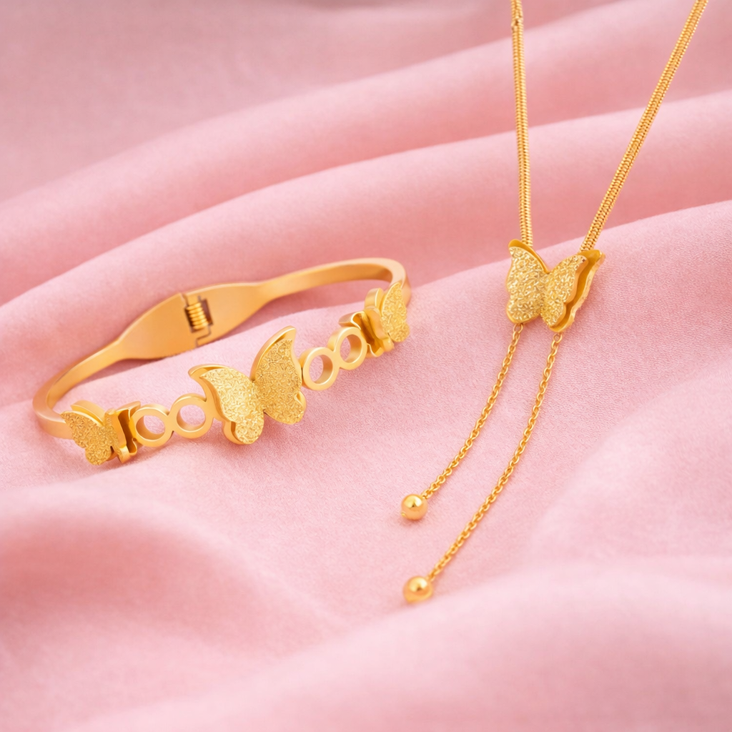 18K Gold Plated Butterfly Drop Necklace And Bracelet Set For Women : SSJS25