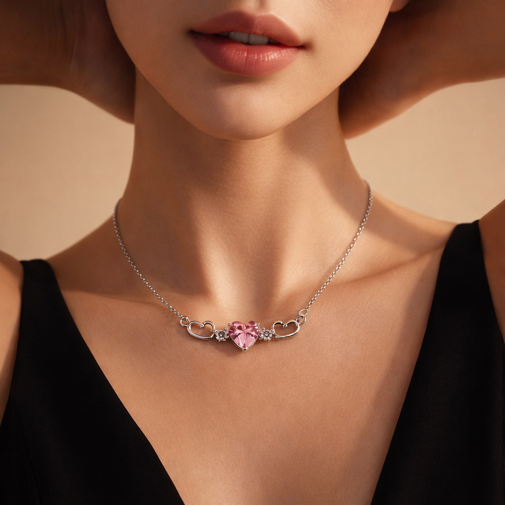 Silver Tone Heart Pendant Necklace For Women – Pink Crystal Stone With Double Heart Design : AST-NEK-0060