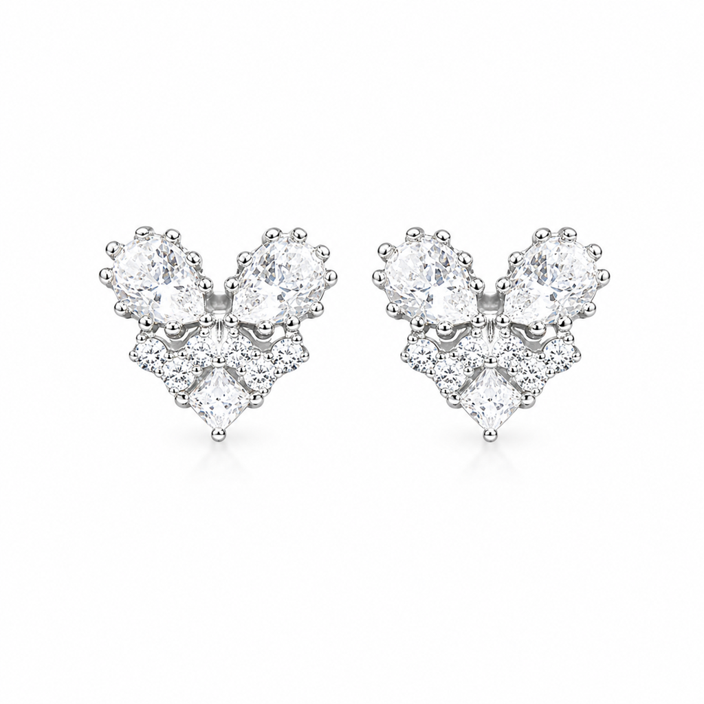 Silver Crystal Bloom Heart Studs : WER00073