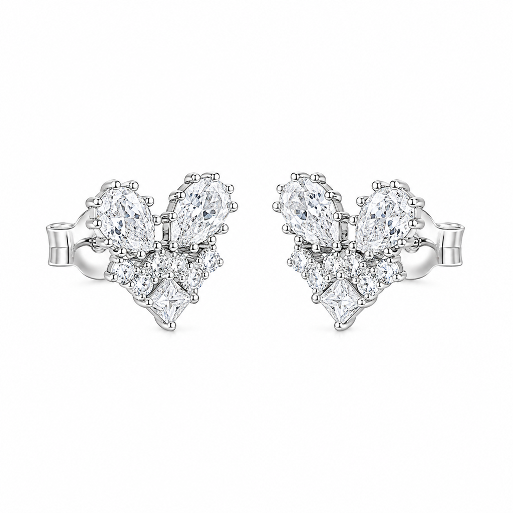 Silver Crystal Bloom Heart Studs : WER00073