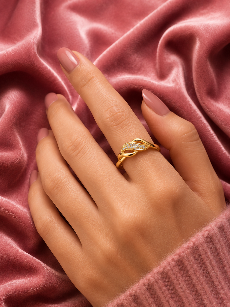 Elegant Twisted Gold-Plated Cubic Zirconia Ring For Women | Anti-Tarnish Crossover Statement Ring : AST-RIN-0089
