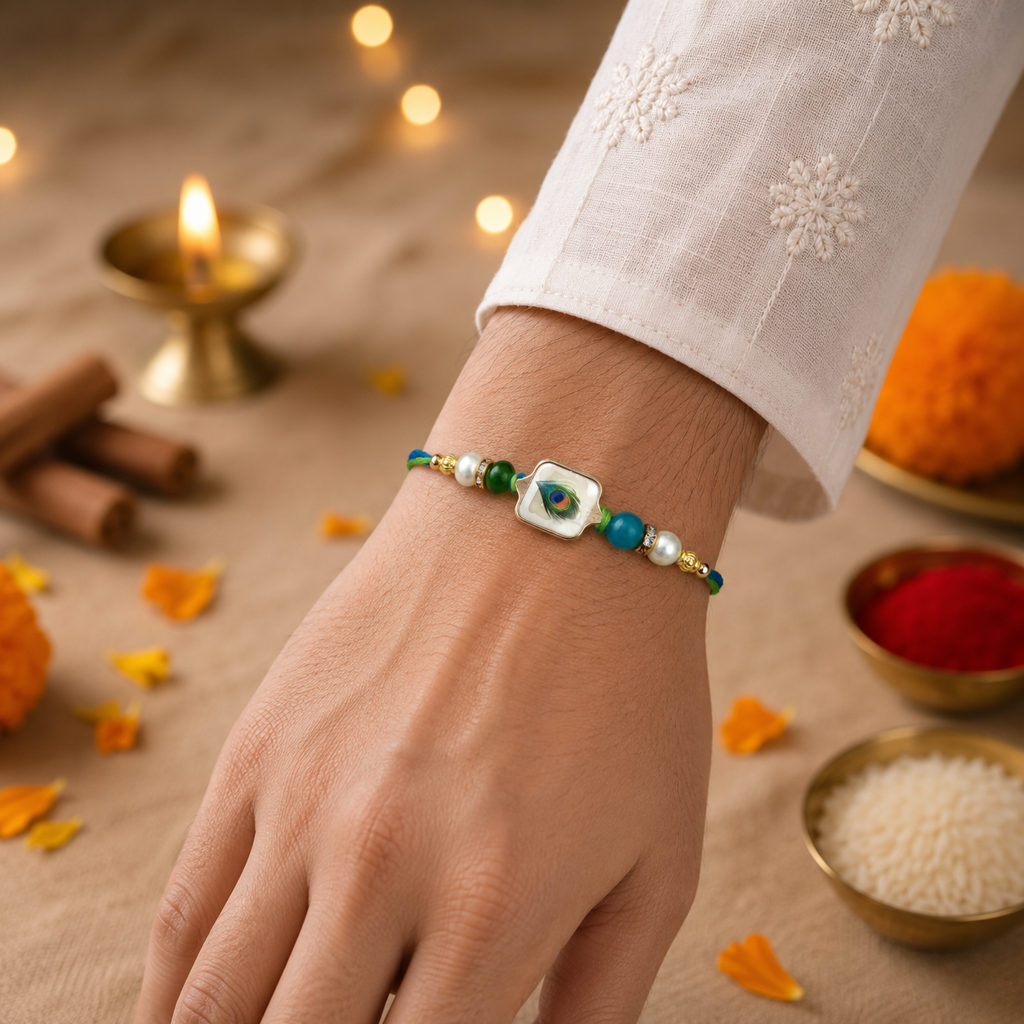 Premium Gold-Plated Peacock Feather (Mor Pankh) Pearl Rakhi : MJRAKHI15