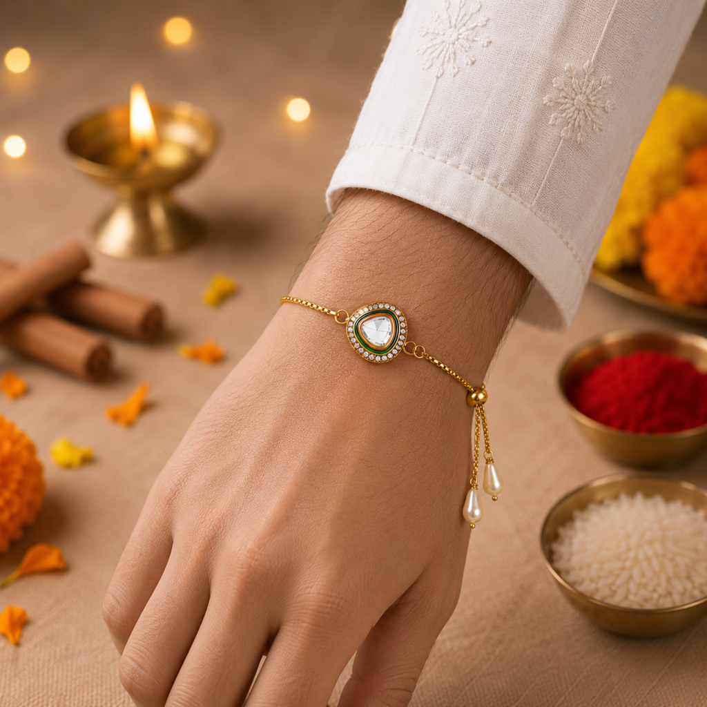 Gold-Plated Kundan Adjustable Bracelet Rakhi : MJRAKHI11