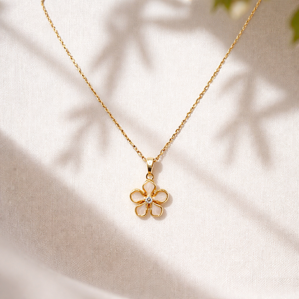 Gold Plated Minimal Floral Pendant Necklace For Women | Delicate Flower Design With Zircon Accent | Lightweight : AST-NEK-0063