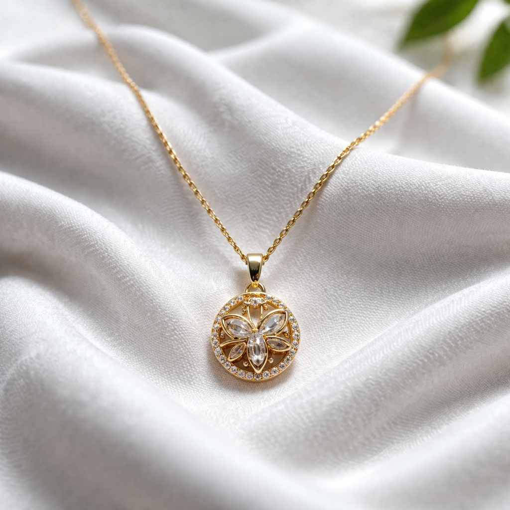 Gold Plated Butterfly Zircon Pendant Necklace For Women | Elegant Round Halo Charm Chain | Stylish Daily & Part : AST-NEK-0066