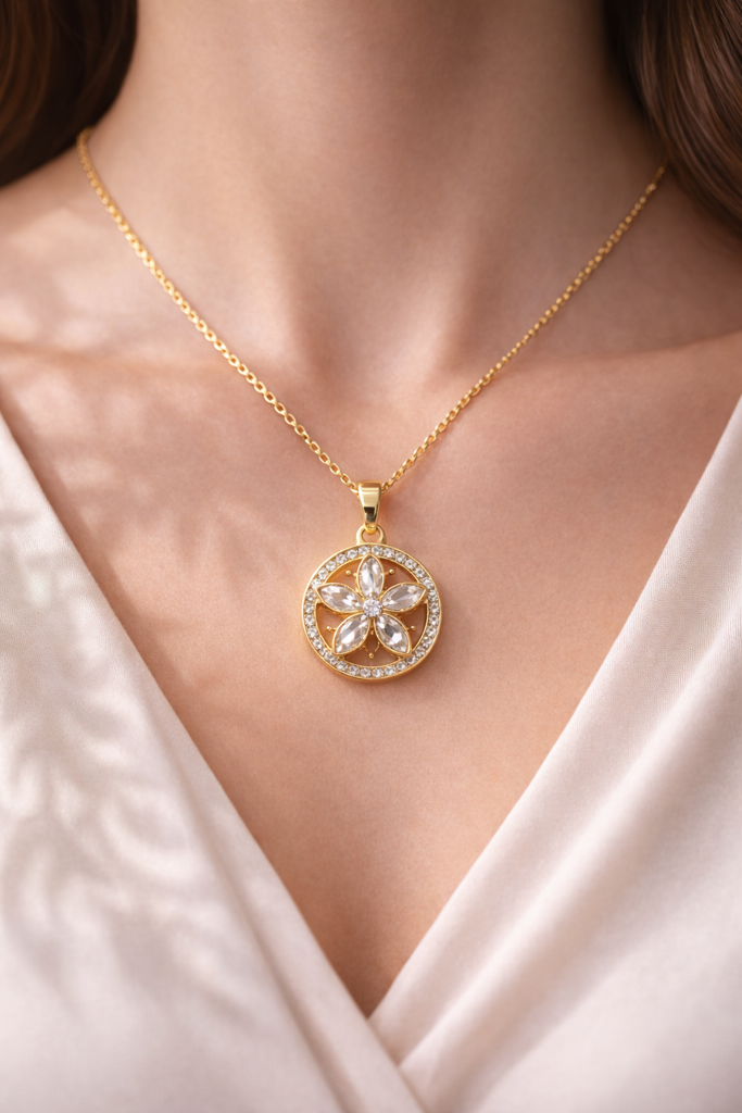 Gold Plated Butterfly Zircon Pendant Necklace For Women | Elegant Round Halo Charm Chain | Stylish Daily & Part : AST-NEK-0066