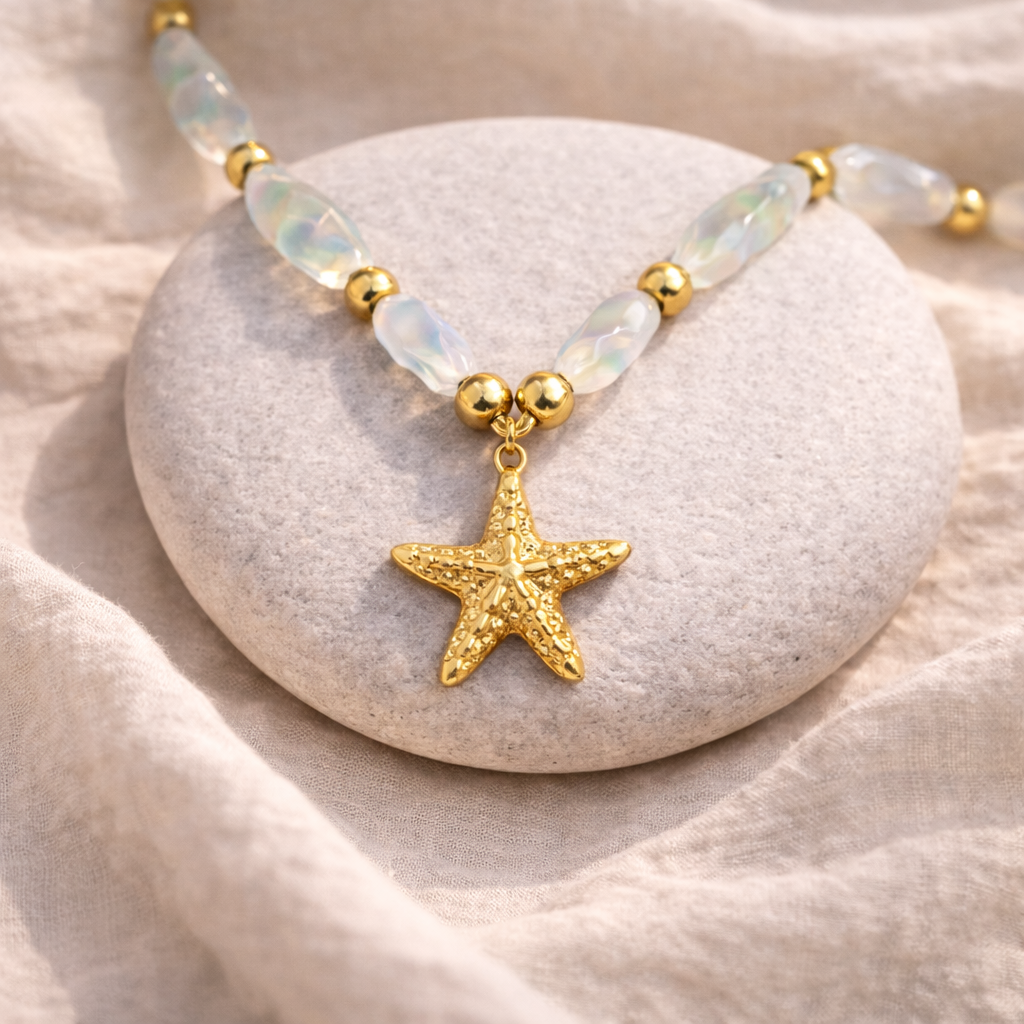 Gold-Plated Starfish Pendant Bead Necklace – Elegant Summer Necklace For Women : AST-NEK-0038