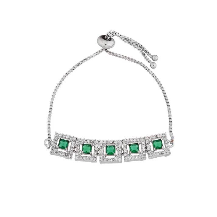 Silver Plated Stone Adjustable Bracelet For Women | Square Crystal Link Bracelet With Sliding Clasp | Elegant P : AST-BRA-0014