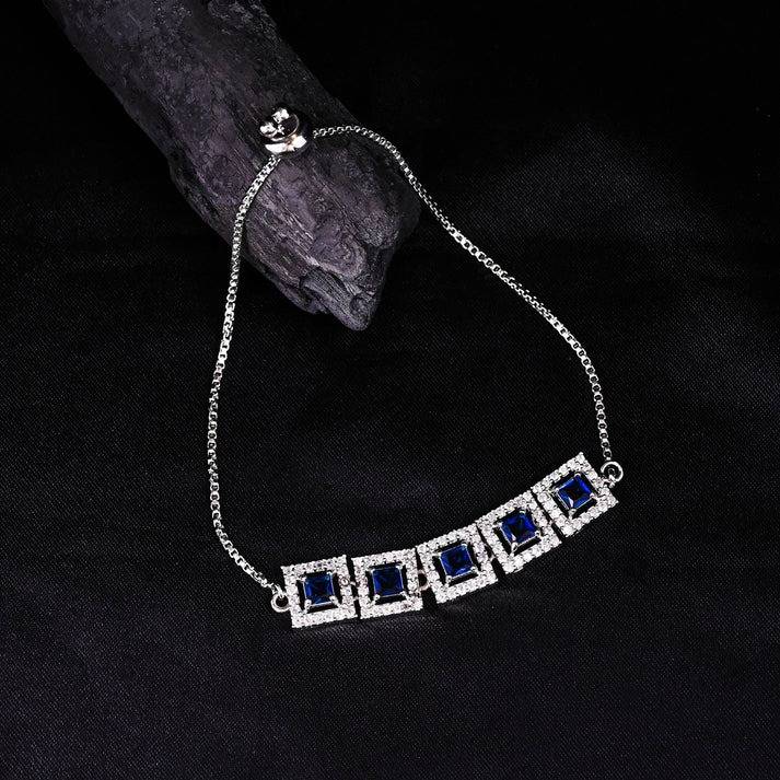 Silver Plated Stone Adjustable Bracelet For Women | Square Crystal Link Bracelet With Sliding Clasp | Elegant P : AST-BRA-0013