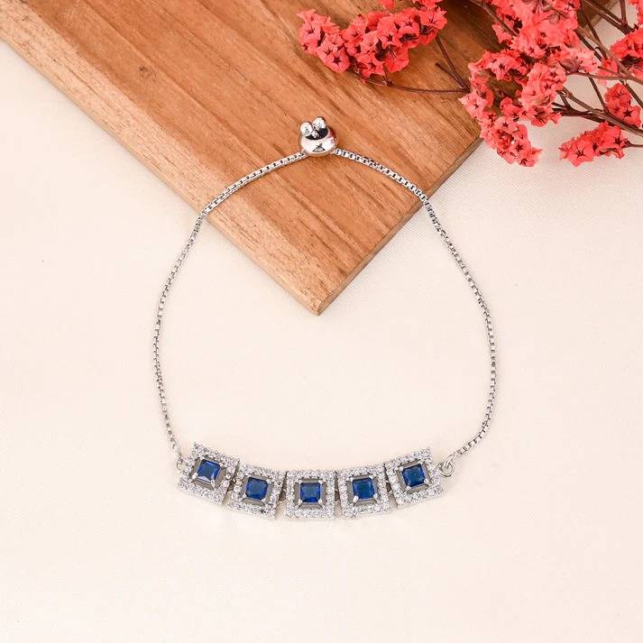 Silver Plated Stone Adjustable Bracelet For Women | Square Crystal Link Bracelet With Sliding Clasp | Elegant P : AST-BRA-0013