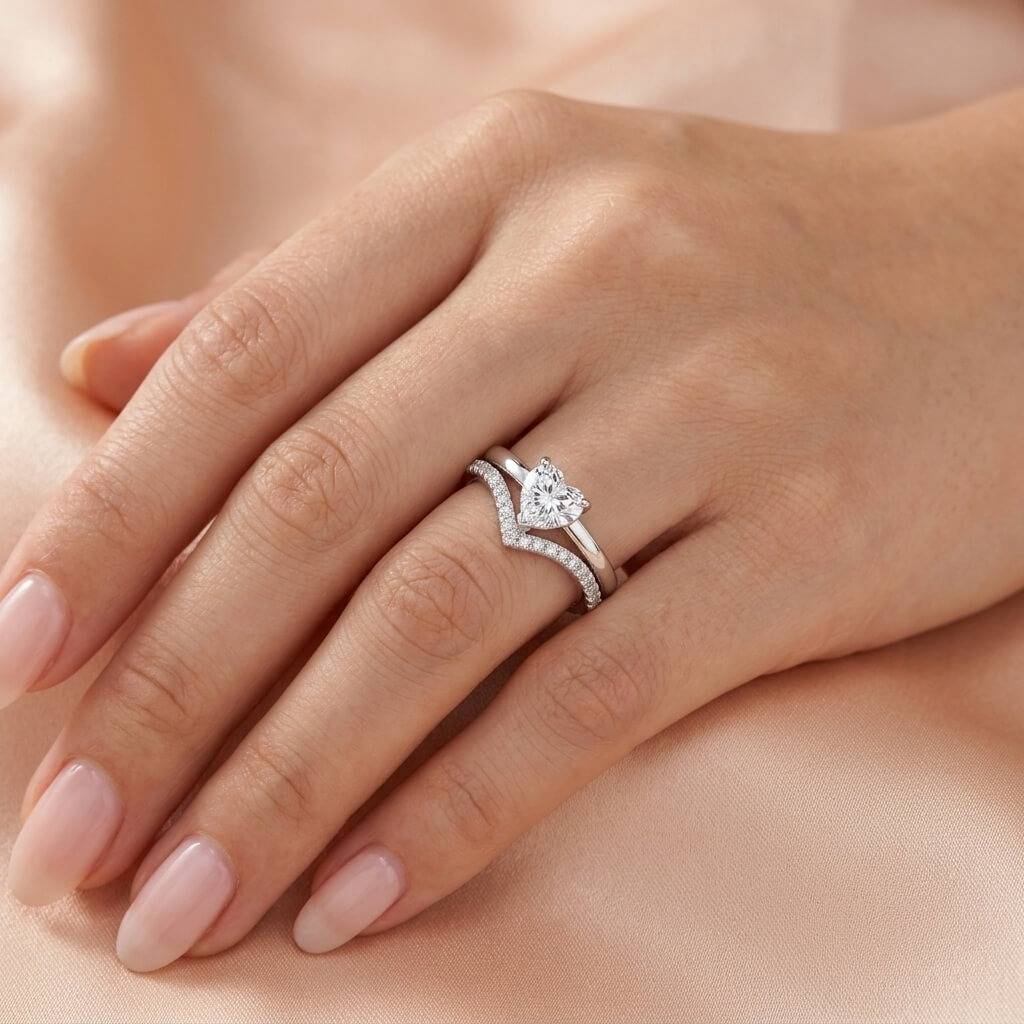 Clear Heart Solitaire & Chevron Pavé Silver Ring Set : SR004