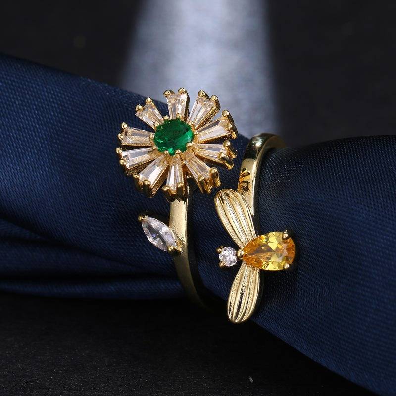 Gold-Plated Floral Bloom Adjustable Ring For Women & Girls With Green, Yellow & Clear Cz Stones | Elegant Flowe : CN-WPEN-VBP2