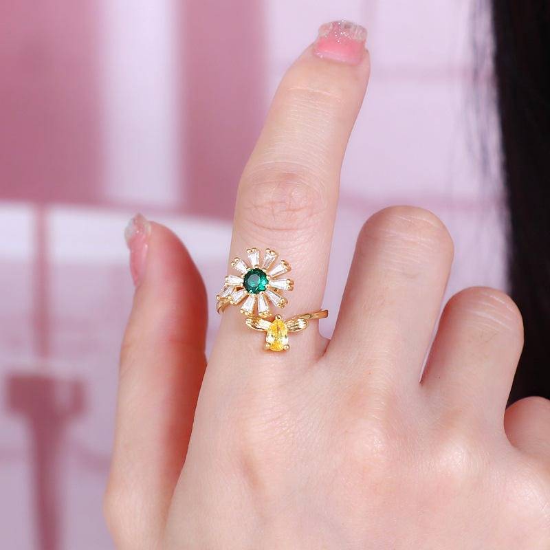 Gold-Plated Floral Bloom Adjustable Ring For Women & Girls With Green, Yellow & Clear Cz Stones | Elegant Flowe : CN-WPEN-VBP2