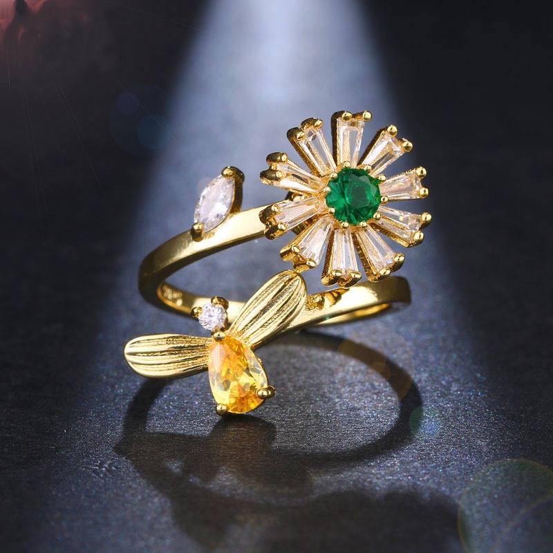 Gold-Plated Floral Bloom Adjustable Ring For Women & Girls With Green, Yellow & Clear Cz Stones | Elegant Flowe : CN-WPEN-VBP2
