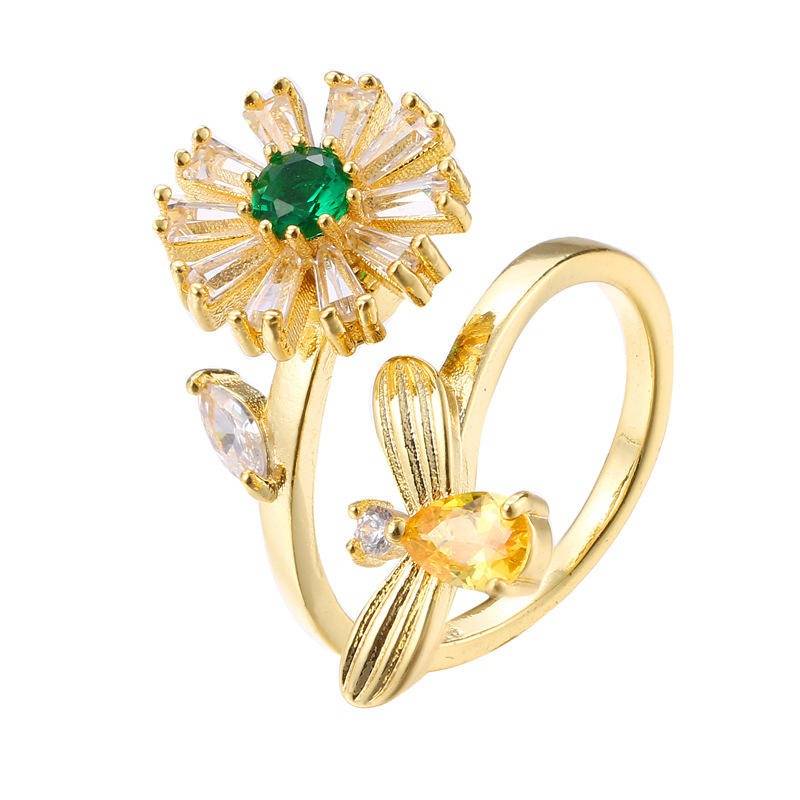 Gold-Plated Floral Bloom Adjustable Ring For Women & Girls With Green, Yellow & Clear Cz Stones | Elegant Flowe : CN-WPEN-VBP2