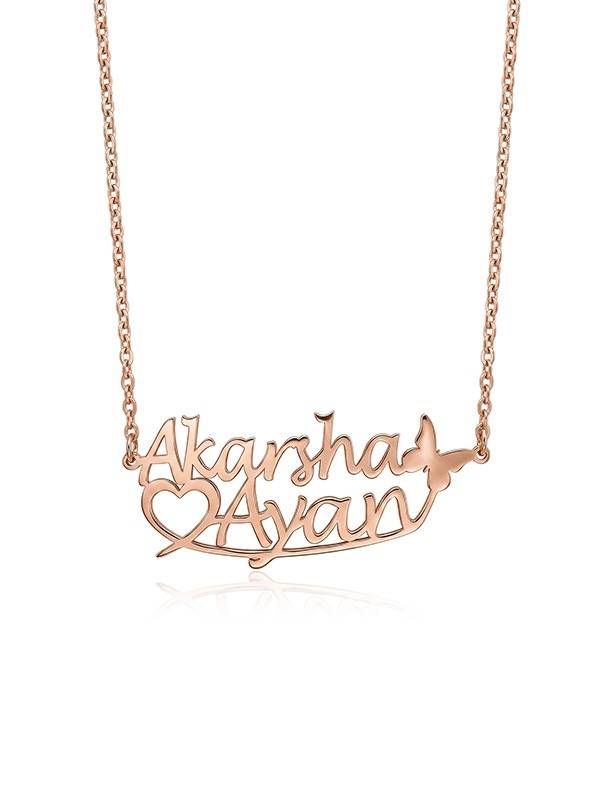 Personalized Butterfly Heart Couple Rose-Gold Plated Necklace : CNK77RG