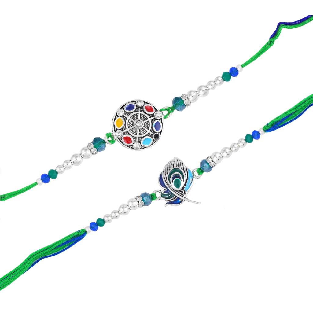ock Feather & Circle Design Set Of 2 Premium Rakhi With Roli Chawal & Greeting Card For Brother : Combo-SR-79878002RAKHI