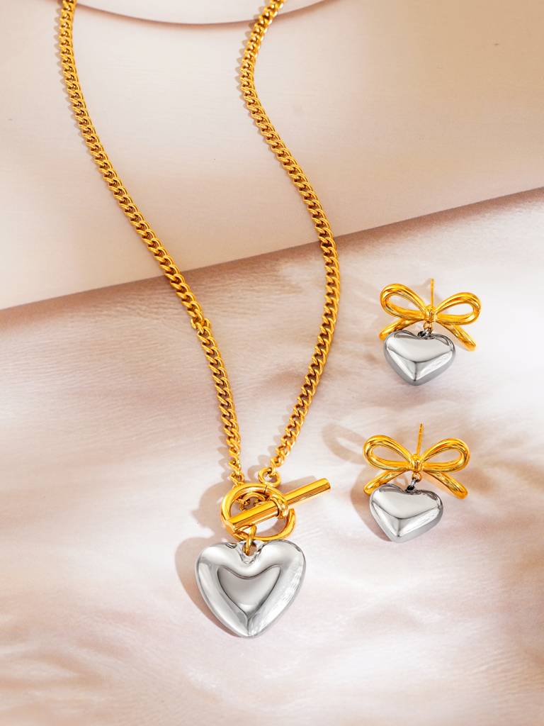 18K Gold Plated Multi Tone Heart Pendant Necklace And Bow Heart Earrings Set For Women : SSJS24