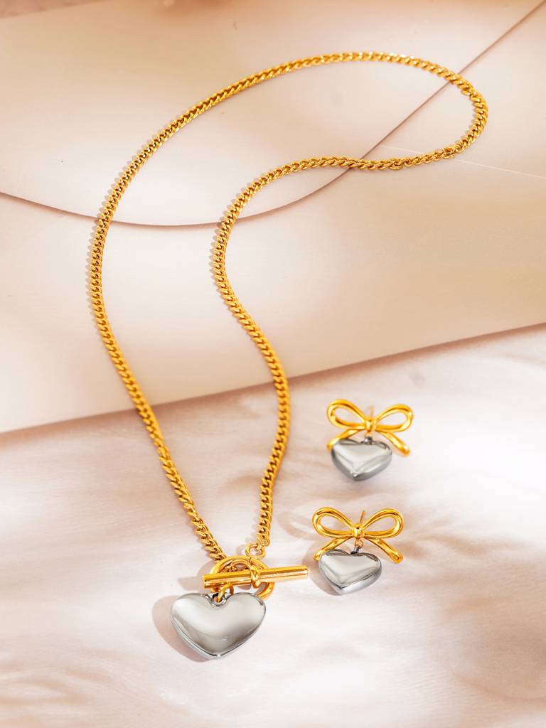 18K Gold Plated Multi Tone Heart Pendant Necklace And Bow Heart Earrings Set For Women : SSJS24