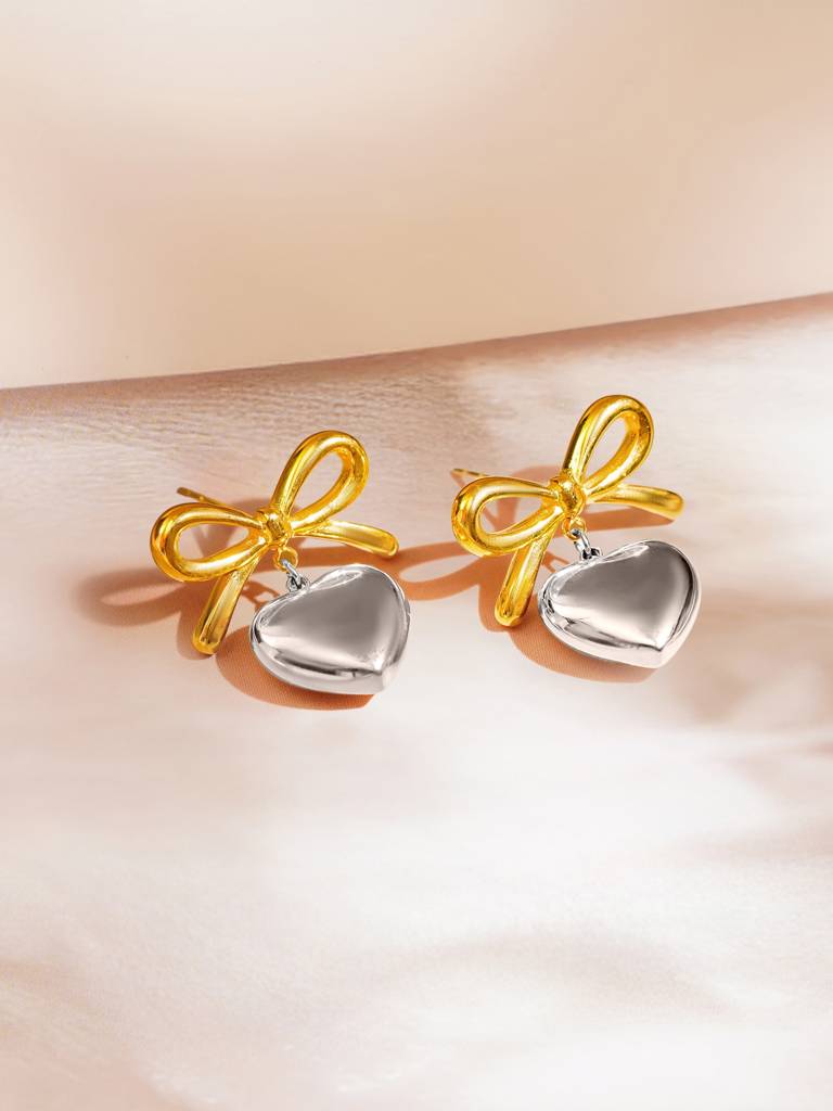 18K Gold Plated Multi Tone Heart Pendant Necklace And Bow Heart Earrings Set For Women : SSJS24