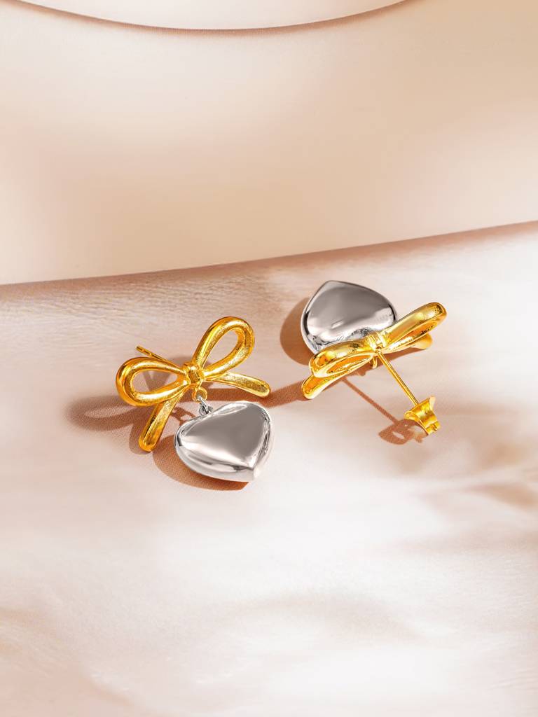 18K Gold Plated Multi Tone Heart Pendant Necklace And Bow Heart Earrings Set For Women : SSJS24