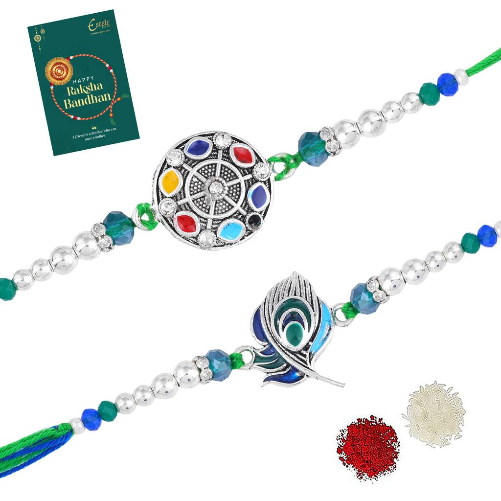 ock Feather & Circle Design Set Of 2 Premium Rakhi With Roli Chawal & Greeting Card For Brother : Combo-SR-79878002RAKHI
