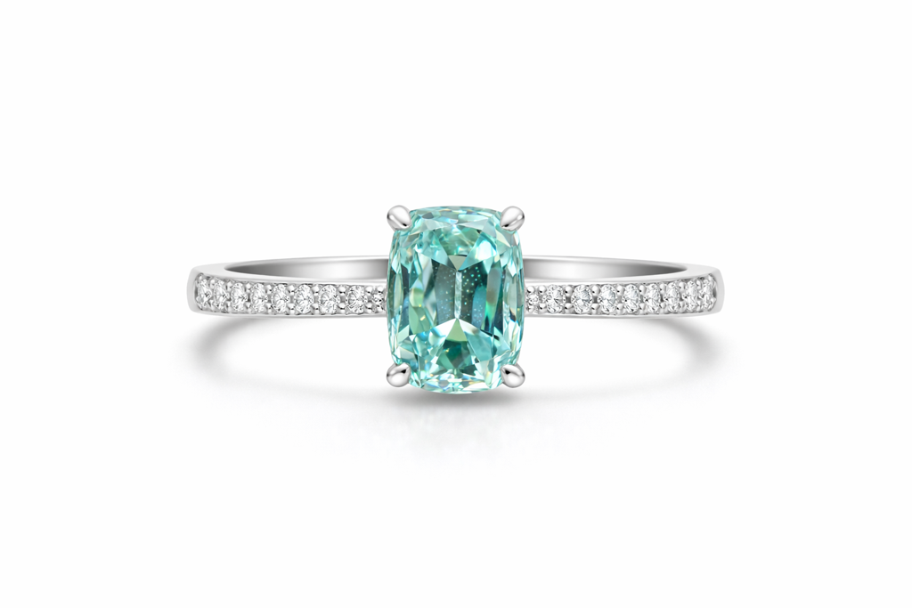 Cyan Blue Old Mine Cushion Cut Moissanite Engagement Ring For Women – 925 Sterling Silver Solitaire Ring With P : ONES-CYN-BLU