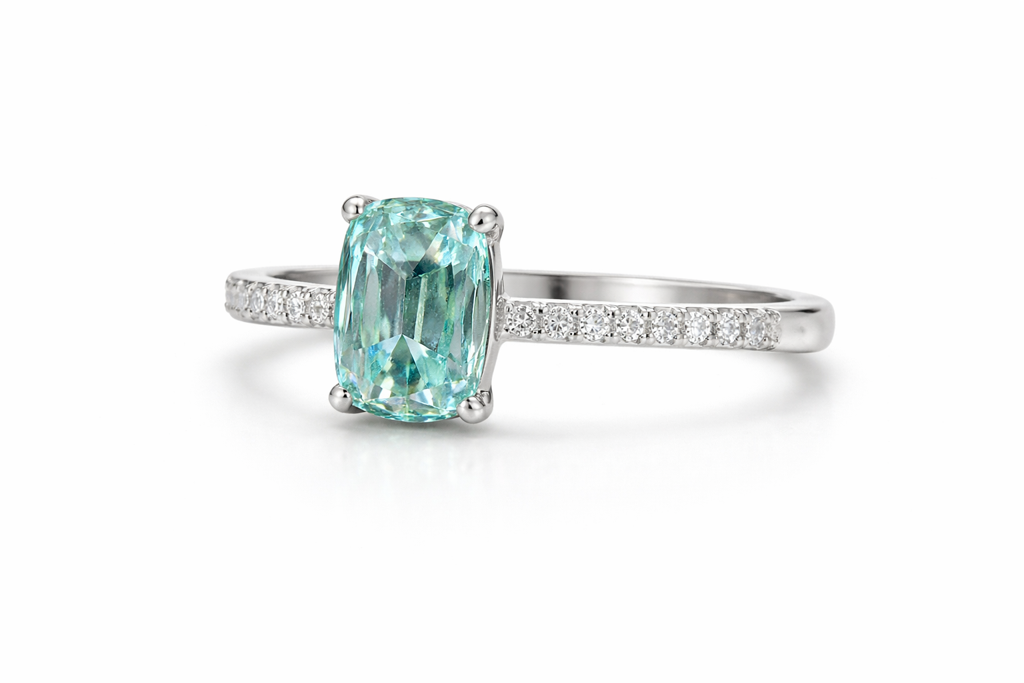 Cyan Blue Old Mine Cushion Cut Moissanite Engagement Ring For Women – 925 Sterling Silver Solitaire Ring With P : ONES-CYN-BLU