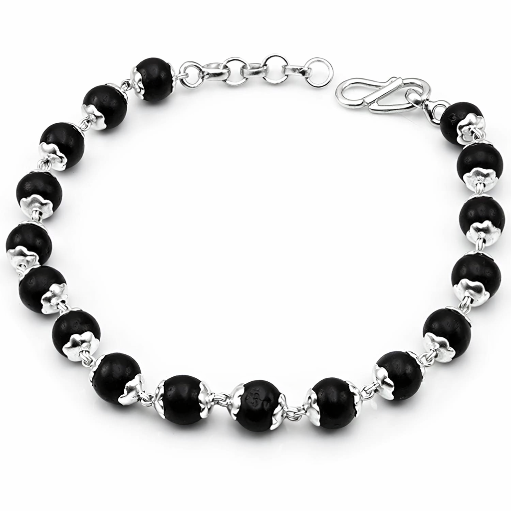 925 Sterling Silver Karungali Bracelet For Men & Women | 6–7Mm Natural Ebony Wood Beads | Silver Capping W : ZVR-6-7MM-BRC-KRG