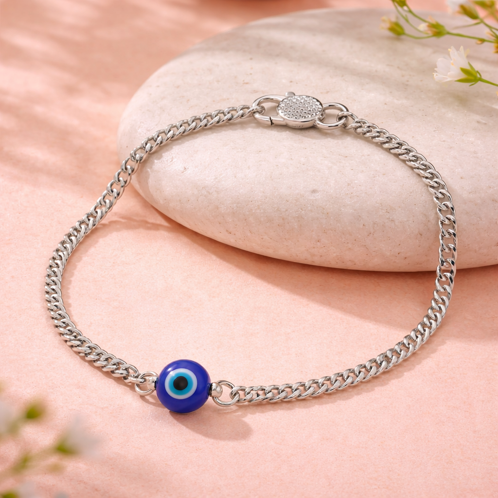 925 Sterling Silver Evil Eye Bracelet For Babies | Blue Nazar Bead Chain Bracelet For Boys & Girls | Pure Chandi : ZVR-EVL-BRC