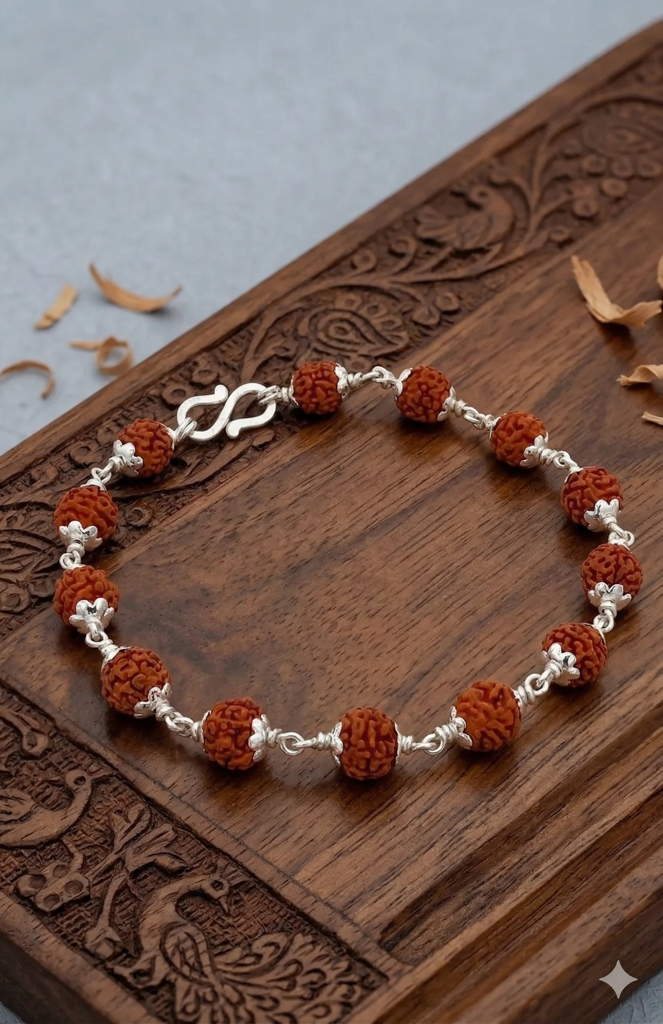 925 Sterling Silver Rudraksha Bracelet For Men & Boys | 6.5Mm Natural Rudraksh Beads | Pure Chandi Spiritua : ZVR-65MM-BRC-RDR