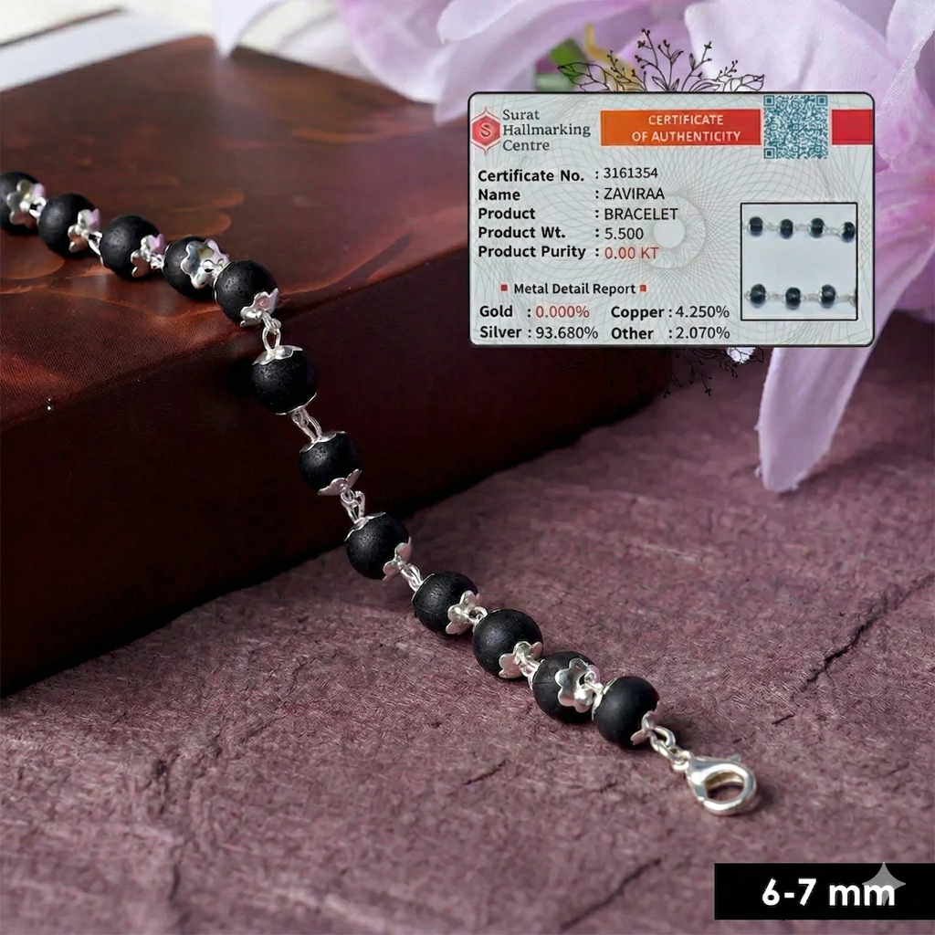 925 Sterling Silver Karungali Bracelet For Men & Women | 6–7Mm Natural Ebony Wood Beads | Silver Capping W : ZVR-6-7MM-BRC-KRG