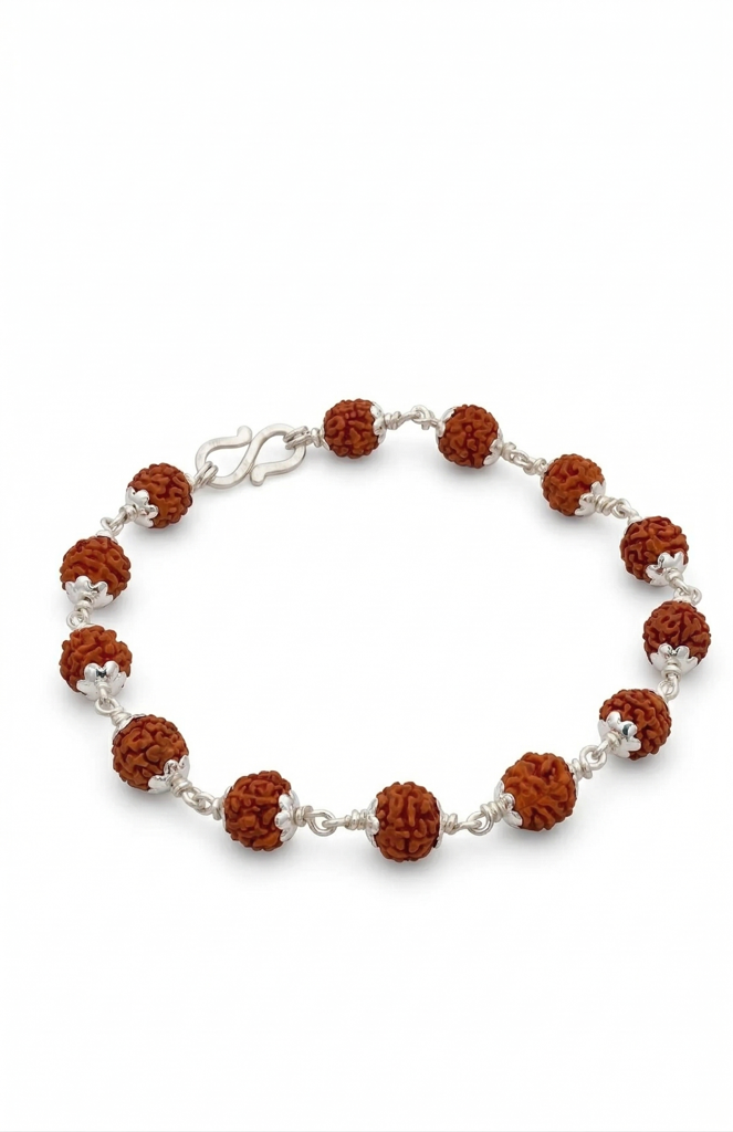 925 Sterling Silver Rudraksha Bracelet For Men & Boys | 6.5Mm Natural Rudraksh Beads | Pure Chandi Spiritua : ZVR-65MM-BRC-RDR