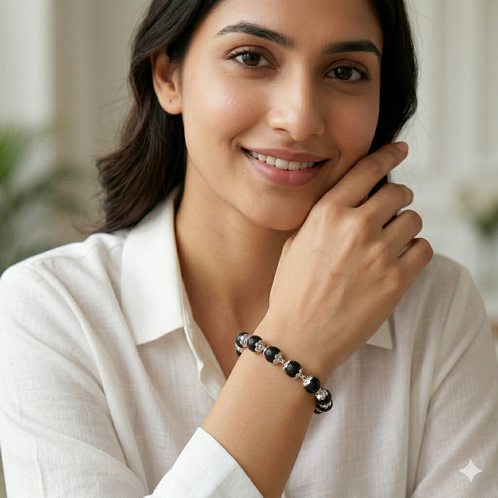925 Sterling Silver Karungali Bracelet For Men & Women | 6–7Mm Natural Ebony Wood Beads | Silver Capping W : ZVR-6-7MM-BRC-KRG