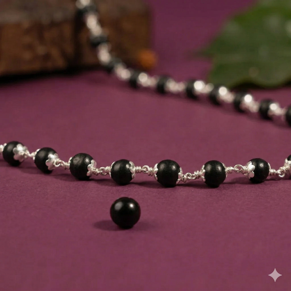 925 Sterling Silver Karungali Mala (6–7Mm) | Natural Ebony Wood Beads Mala For Men & Women | Dual Silver Wire  : ZVR-6-7MM-KRG