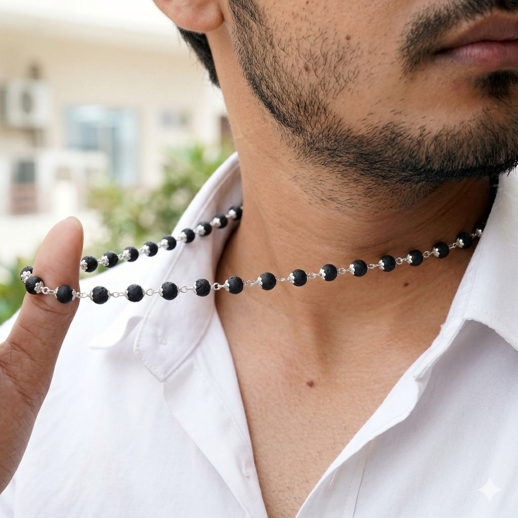 925 Sterling Silver Karungali Mala (6–7Mm) | Natural Ebony Wood Beads Mala For Men & Women | Dual Silver Wire  : ZVR-6-7MM-KRG