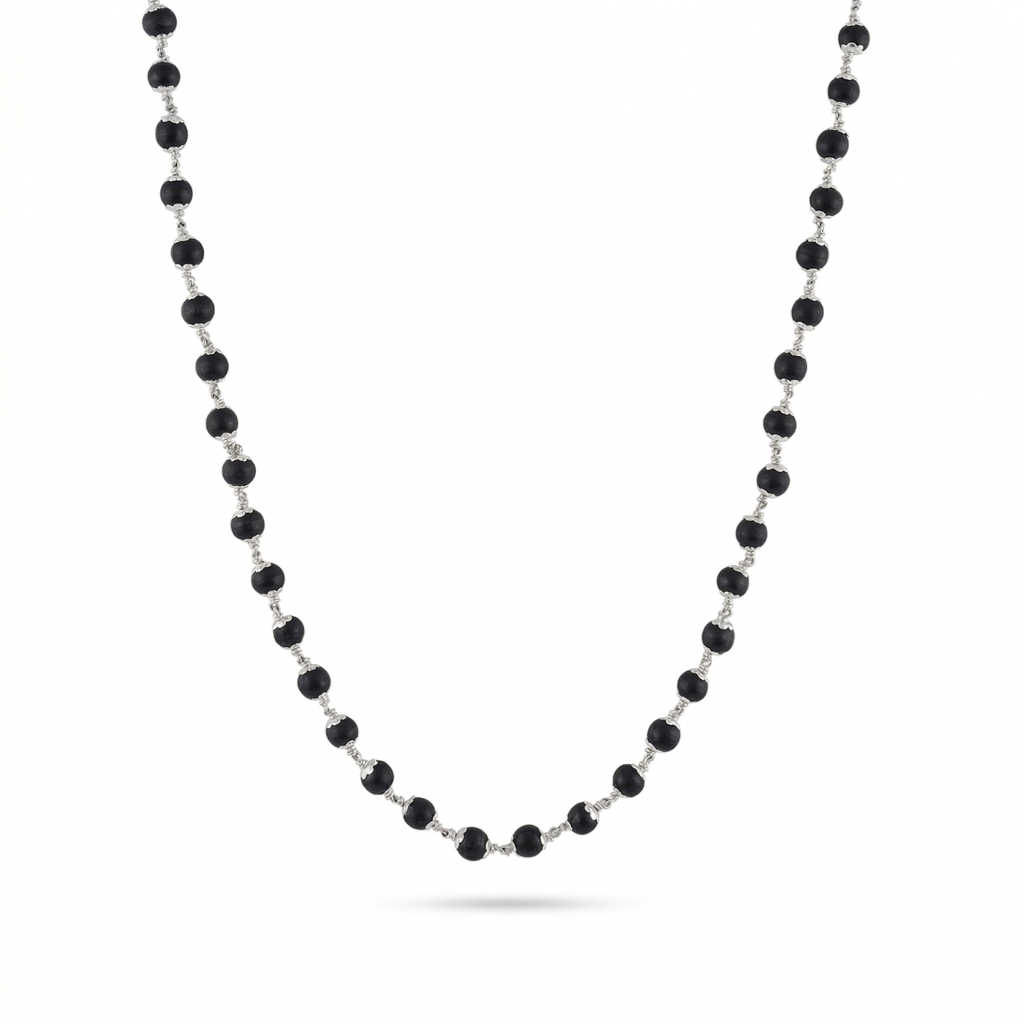 925 Sterling Silver Karungali Mala (6–7Mm) | Natural Ebony Wood Beads Mala For Men & Women | Dual Silver Wire  : ZVR-6-7MM-KRG