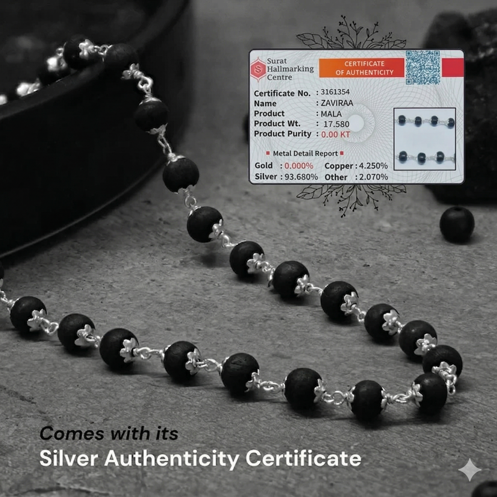 925 Sterling Silver Karungali Mala (6–7Mm) | Natural Ebony Wood Beads Mala For Men & Women | Dual Silver Wire  : ZVR-6-7MM-KRG