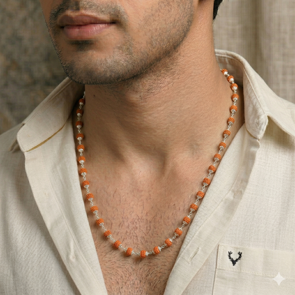 925 Sterling Silver Rudraksha Mala (5Mm Beads) | Ultra Minimal Natural Rudraksh Necklace For Men & Women | Pur : ZVR-5MM-RUDML